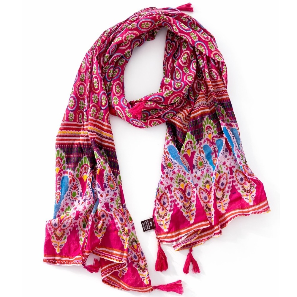 Raj India Cotton Boho Beaded Paisley Tassel Scarf Wrap Pink Blue Embroidered